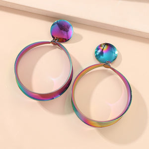 Iridescent Geometic Circle Pendant Earrings