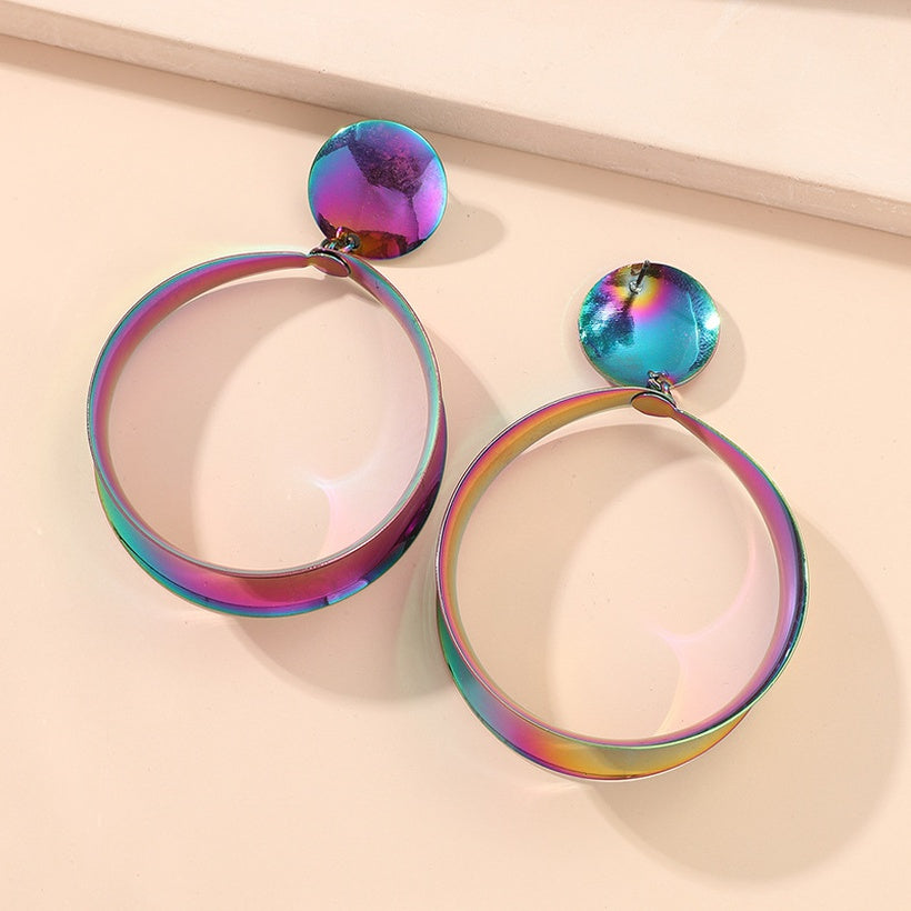 Iridescent Geometic Circle Pendant Earrings